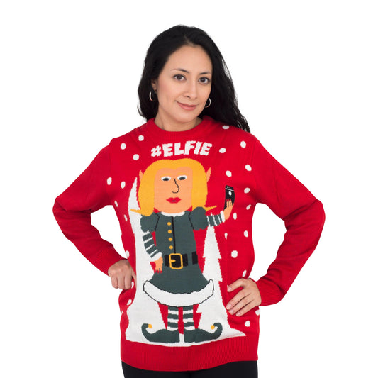 #Elfie Hashtag Women's Elf with Snowflakes Christmas Sweater