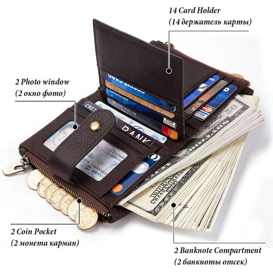 Anti-Theft Brush Wallet Leather Bag Multi-Function Buckle Zipper Retro Crazy Horse Cowhide Men's Bag Casual Coin Purse
