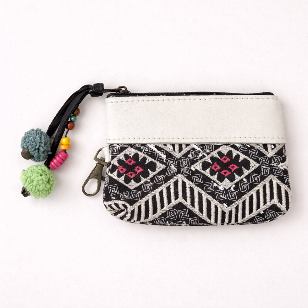 Leather Trim Embroidered Geometric Coin Purse - Thailand