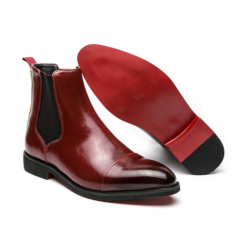 Pointed toe men's boots high top leather shoes red soles Martin boots British casual
