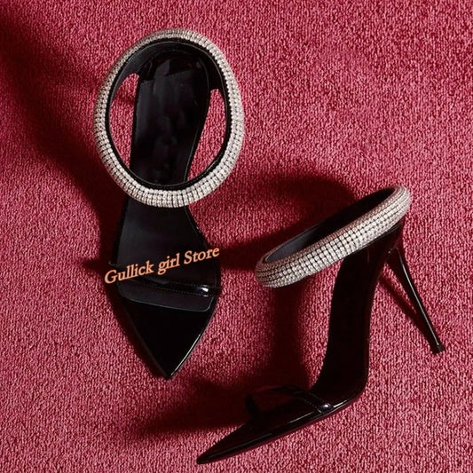 Top Quality Crystal Strap Stiletto Sandals Sexy Pointed Toe Black Patend Leather Slip On Fashion Summer New Arrivals Shoes