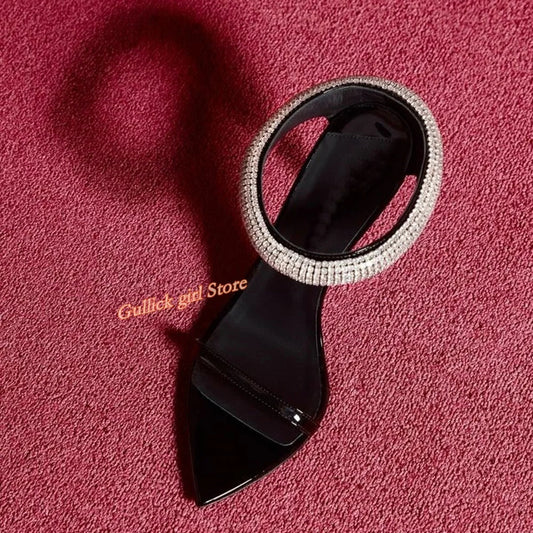 Top Quality Crystal Strap Stiletto Sandals Sexy Pointed Toe Black Patend Leather Slip On Fashion Summer New Arrivals Shoes