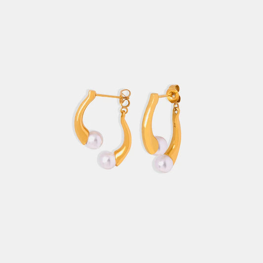 Elegant split design with high gloss pearl inlay simple titanium steel gold-plated earrings