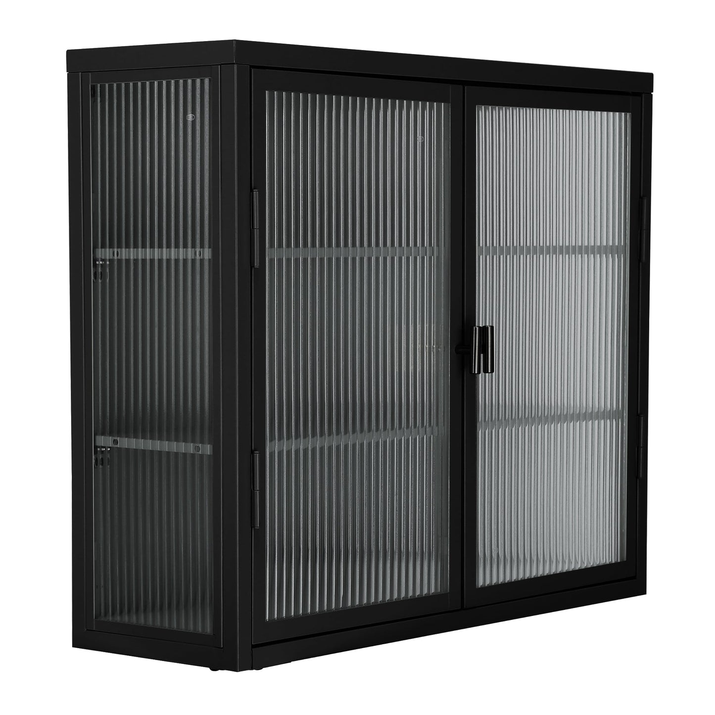 Retro Style Haze Double Glass Door Wall Cabinet With Detachable Shelves for Office Dining Room Living Room