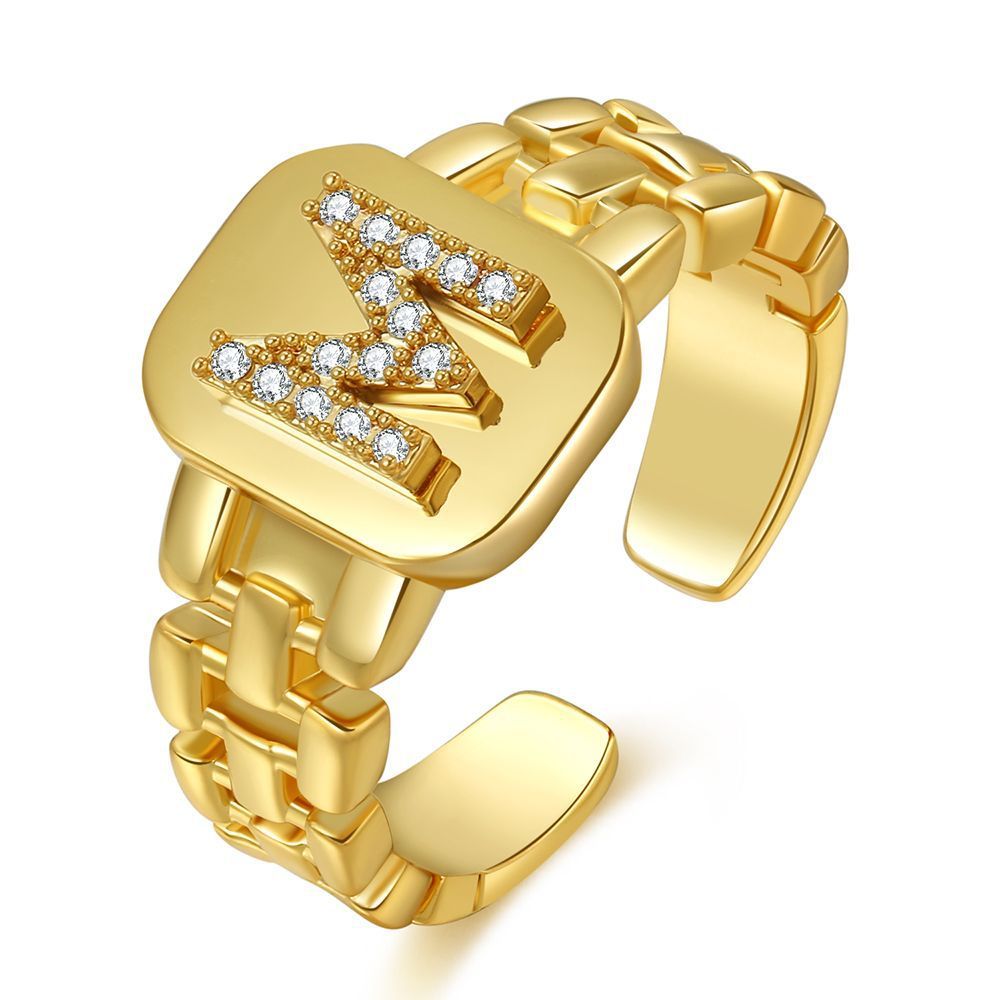 Letter Series Gold-plated Zircon Strap Design Ring