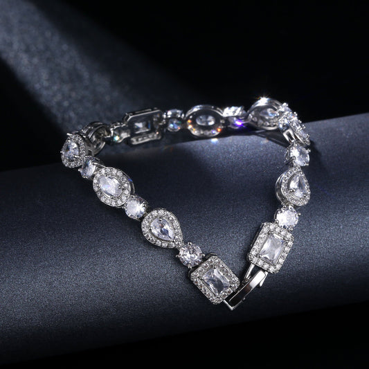 Water Drop Multi-Shape Horse Eye Zircon Bracelet in White Copper for Elegant Female Accessory