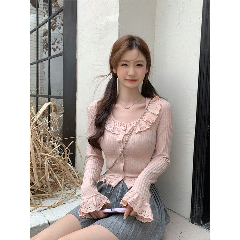 Slim Fit All-matching Long Sleeve Top Ruffled Knitted Cropped T-shirt Tide