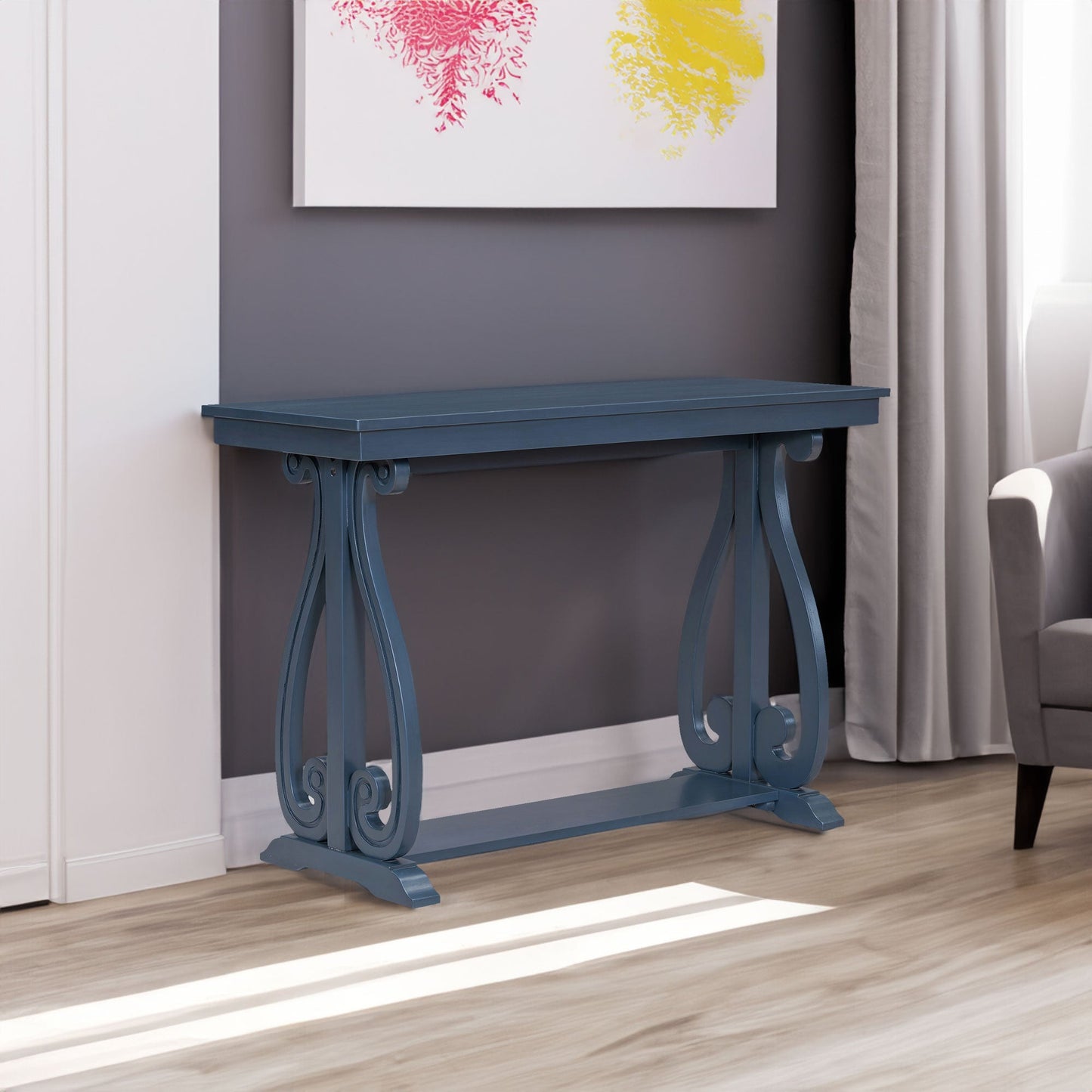 48-Inch Rustic Vintage Console Table --- Farmhouse Style Entryway Table with Open Shelf and Sturdy Construction (Navy)