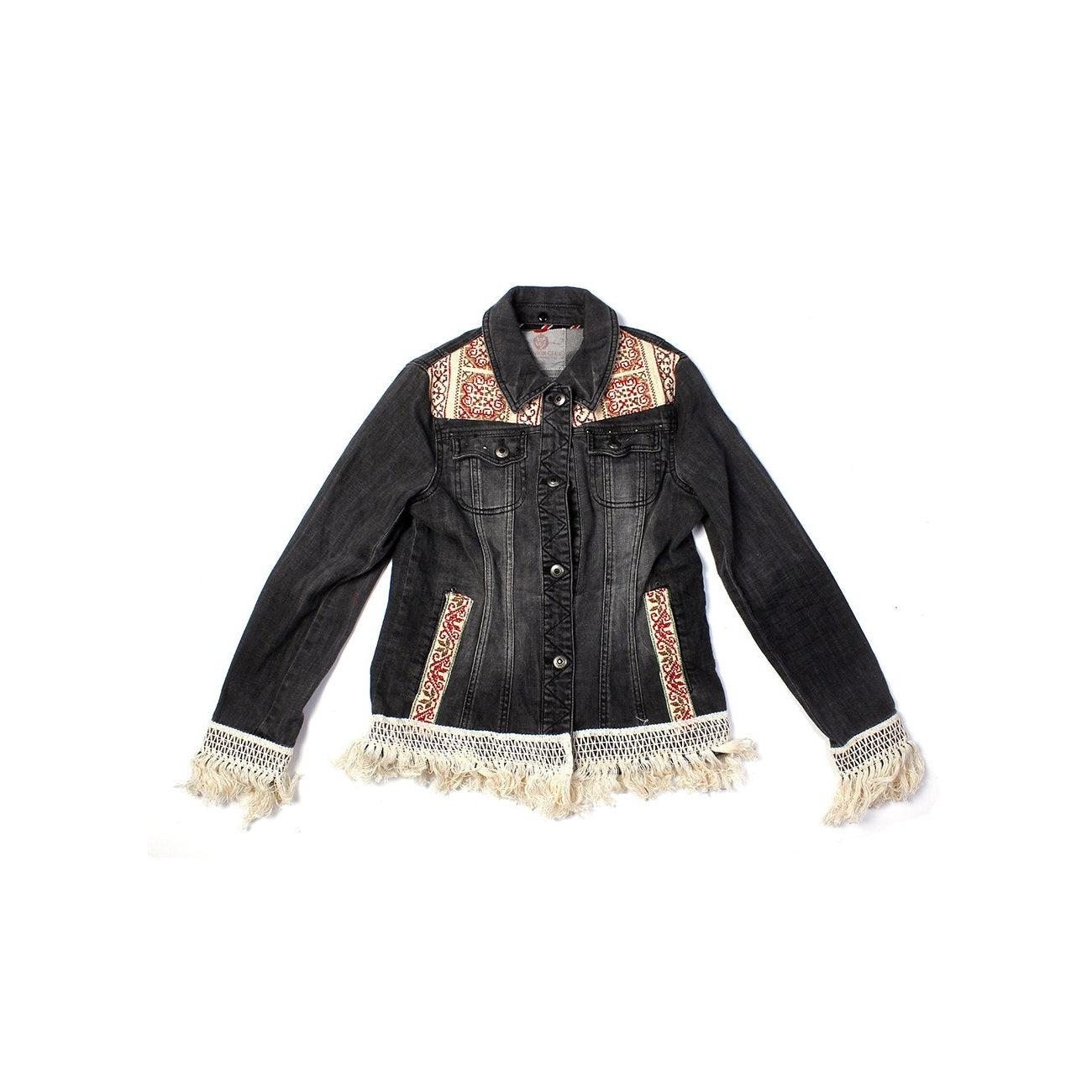 One-of-a-Kind Embroidered Tween Flower Denim Fringe Jacket - Thailand