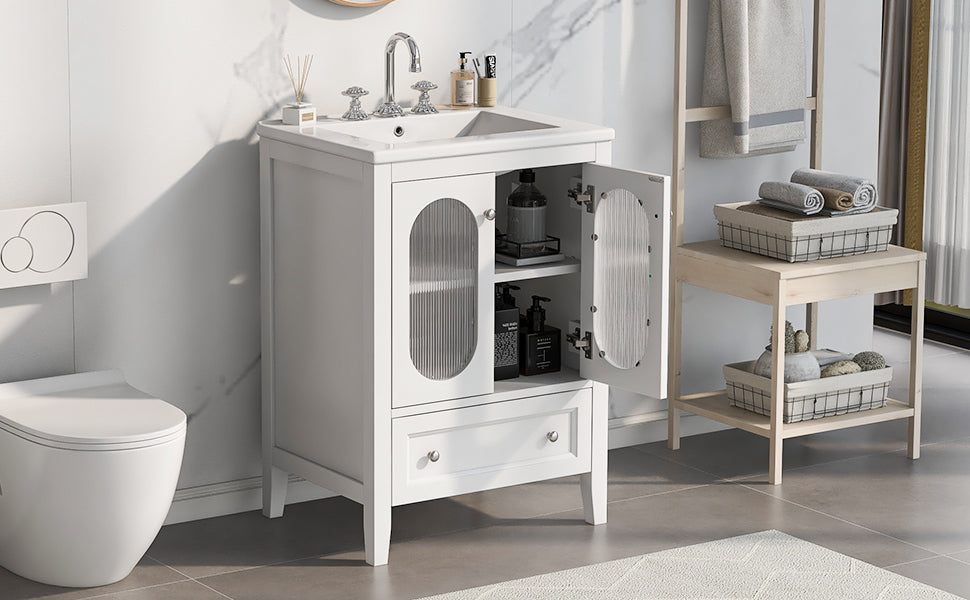 24" Bathroom Vanity with Sink, Bathroom Vanity Cabinet with One Drawer and Doors, Adjustable Shelf, Solid Wood and MDF, White