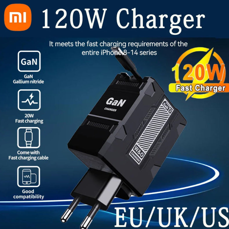 120W charger with Mi logo on a blue background