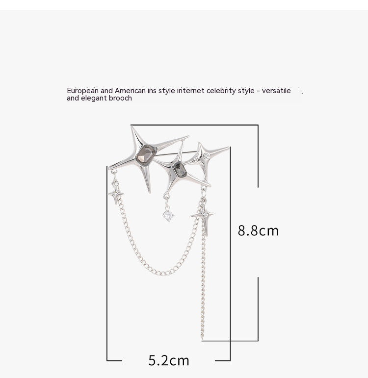 Four Eight-Pointed Stars Zircon Chain Brooch