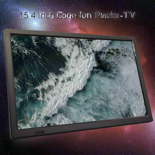 15.4 Inch Ultra-thin Pocket TV displaying an image of ocean waves on a white background.