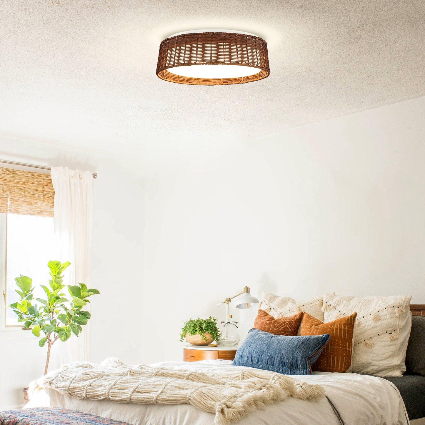 17" Traditional Brown Rattan Flush Mount Lighting with LED