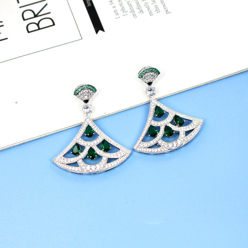 Green Zircon Fan Earrings with Gold Plating
