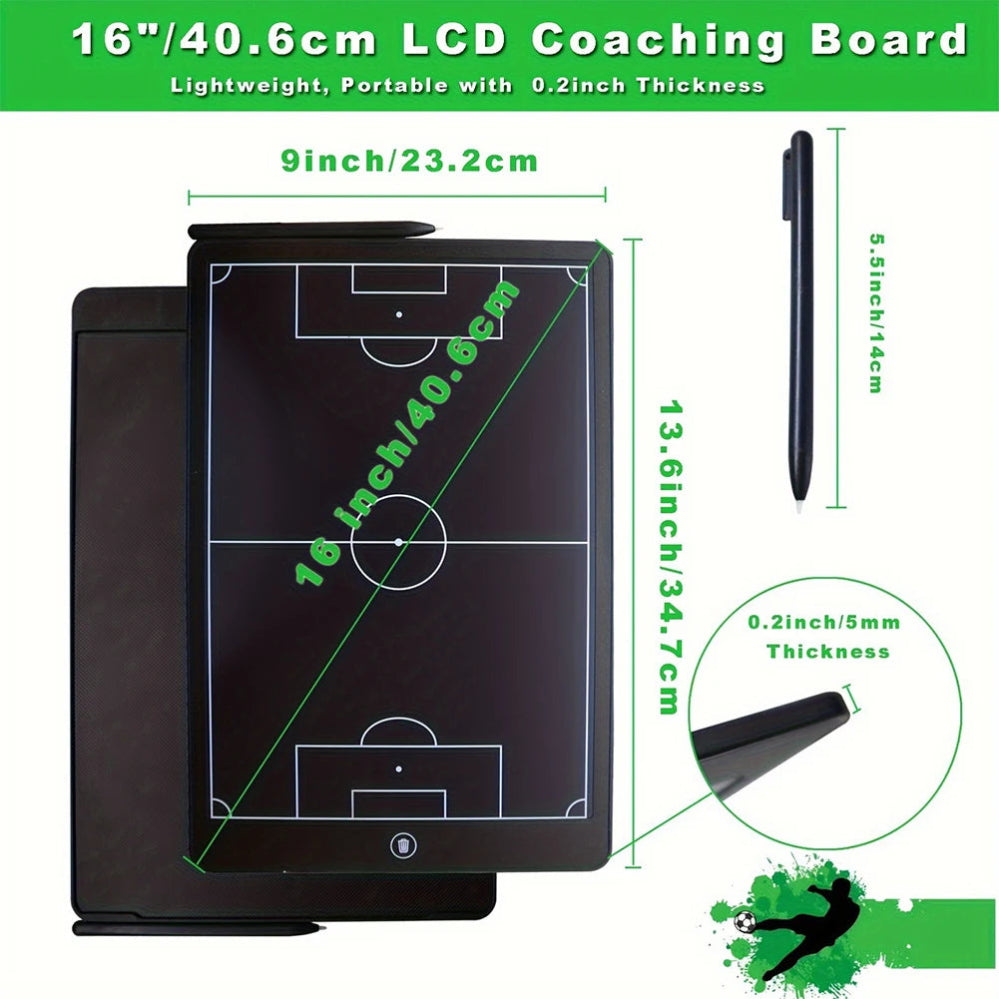 16"/40.6cm LCD Coaching Board with dimensions and pen on a white background