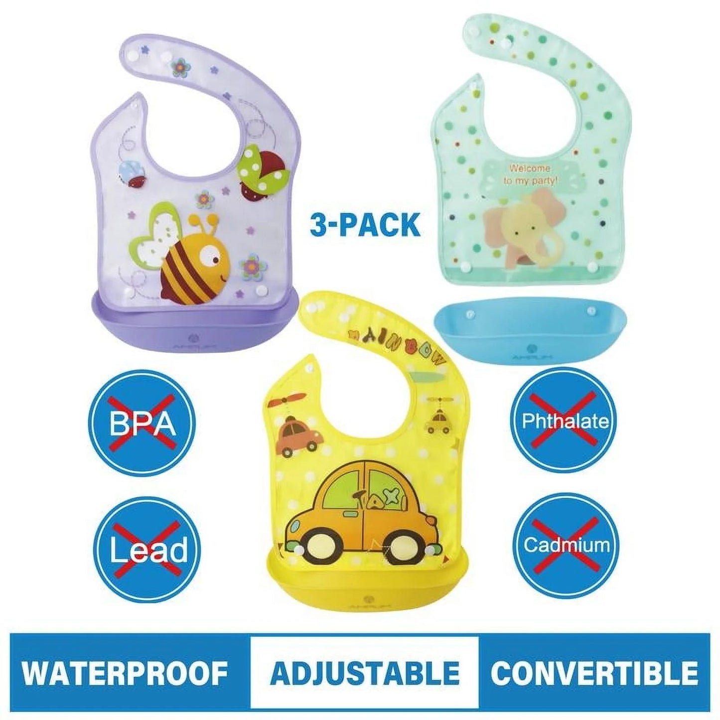 Amplim Convertible Baby Feeding Bibs 3-Pack – Waterproof, Adjustable, Lightweight, Eco-Friendly PEVA & LDPE, BPA-Free for Babies & Toddlers