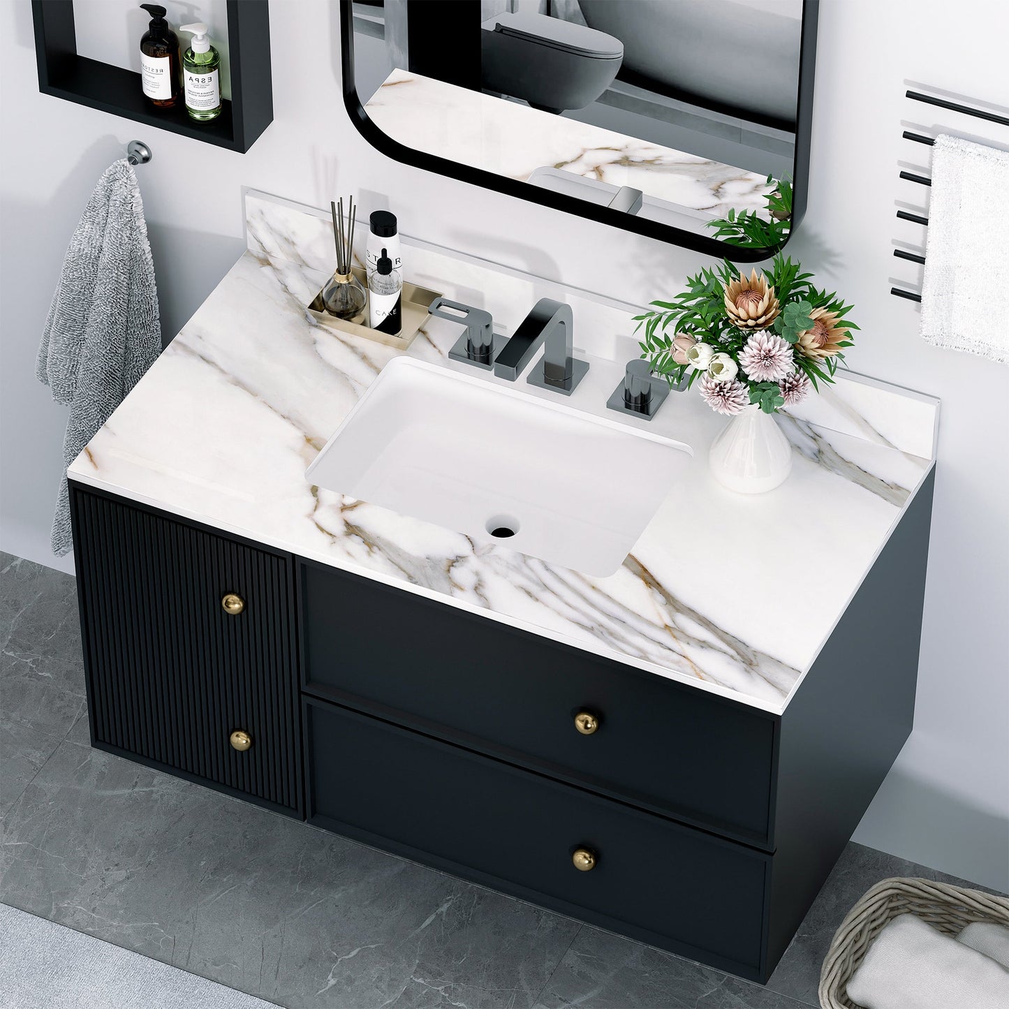 43 inch marble countertop with base rectangular central sink and 4-inch high splash guard, pre drilled 8-inch faucet hole ，white