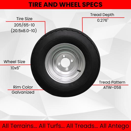 (Set of 4) 205/65-10 20.5x8.0-10 10 ply Load Range E super durable Antego Trailer Tire Wheel Assy - 4 Lug Galvanized Rim