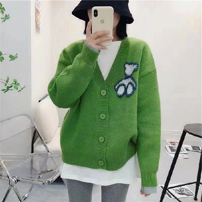Western Style Idle Style Bear Pattern Sweater For Outer Wear