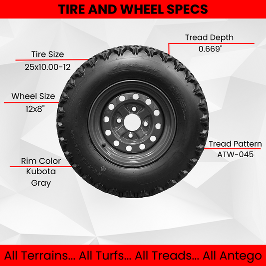(Qty: 1) 25x10.00-12 tire with 4 Hole wheel for Kubota RTV’s 900, 1100, 1140 UTV’s Assy 6 Ply ATW-045
