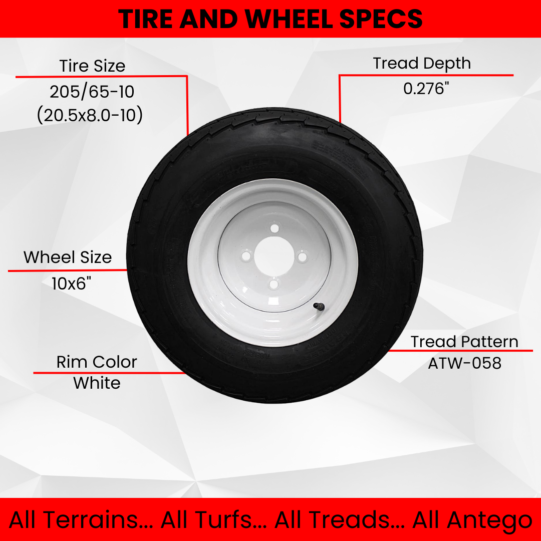 (Set of 2) 205/65-10 20.5x8.0-10 10 ply Load Range E super durable Antego Trailer Tire Wheel Assy - 4 Lug White Rim