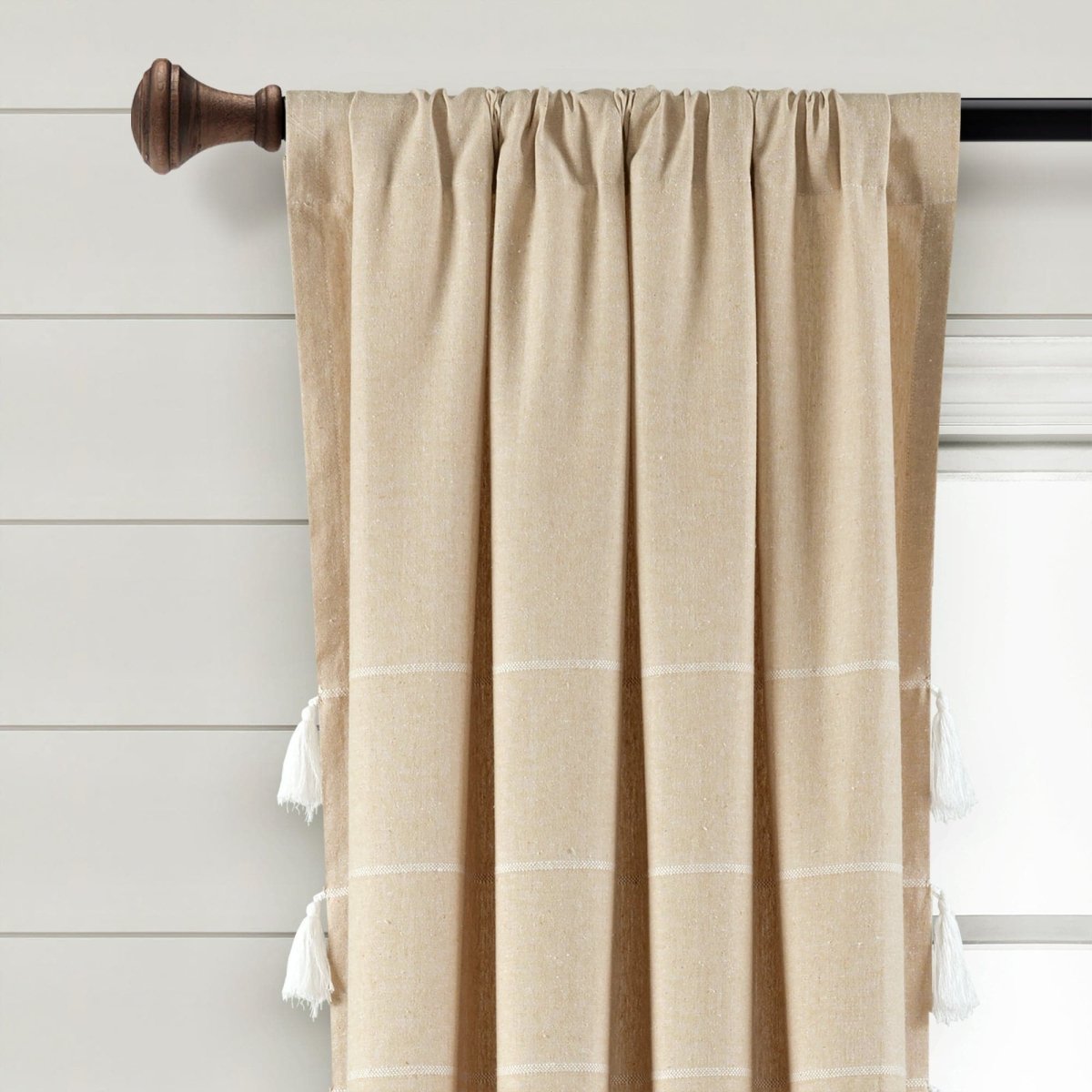Farmhouse Boho Stripe Woven Tassel Yarn Dyed Recycled Cotton Blend Window Curtain Panel Set