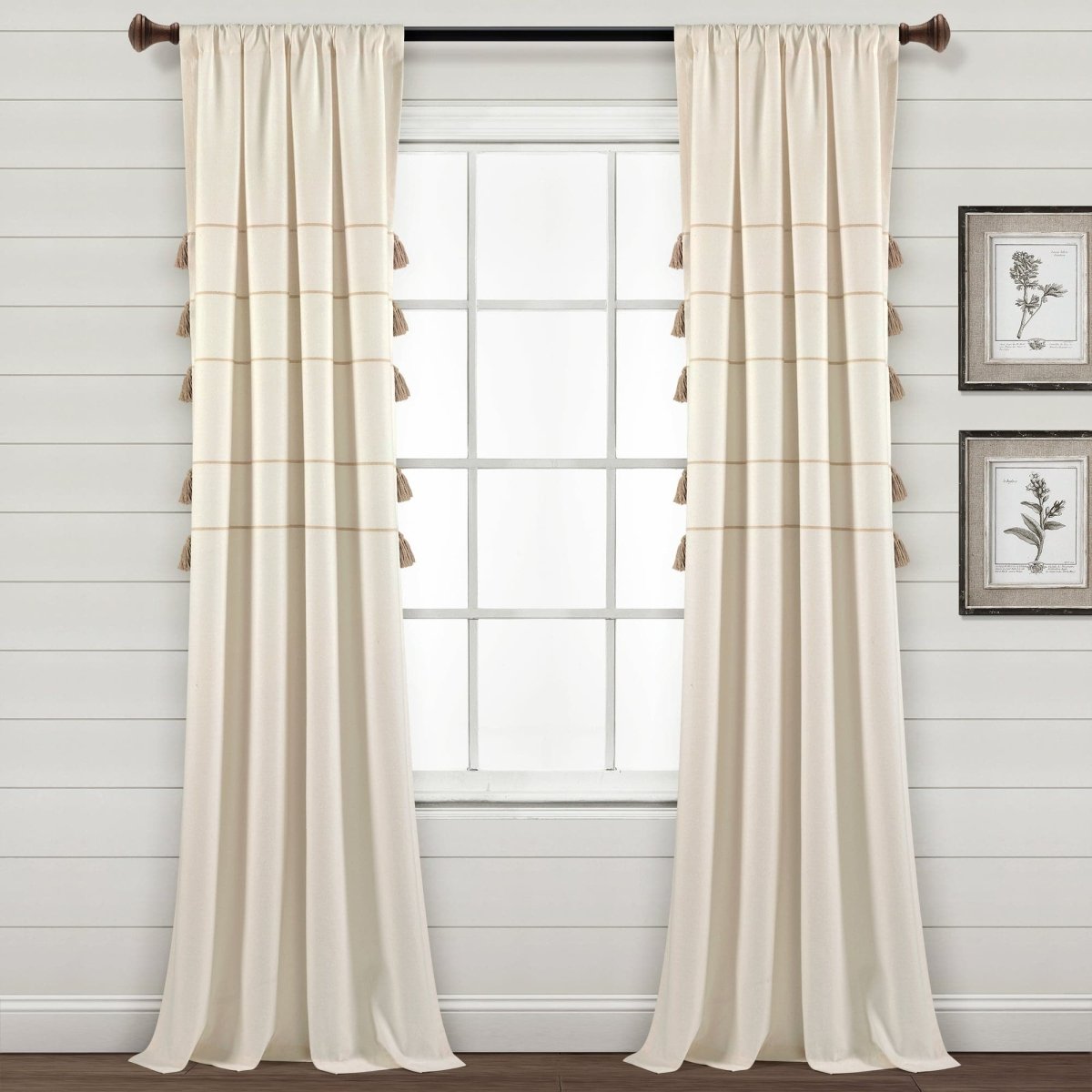 Farmhouse Boho Stripe Woven Tassel Yarn Dyed Recycled Cotton Blend Window Curtain Panel Set