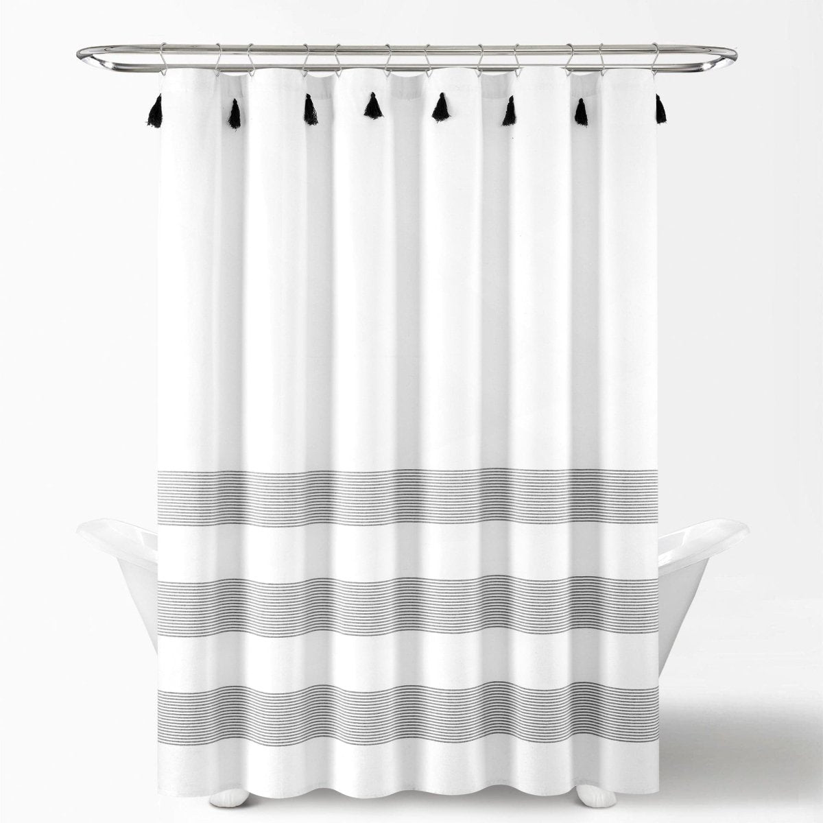 Boho Tassel Stripe Yarn Dyed Recycled Cotton Blend Shower Curtain