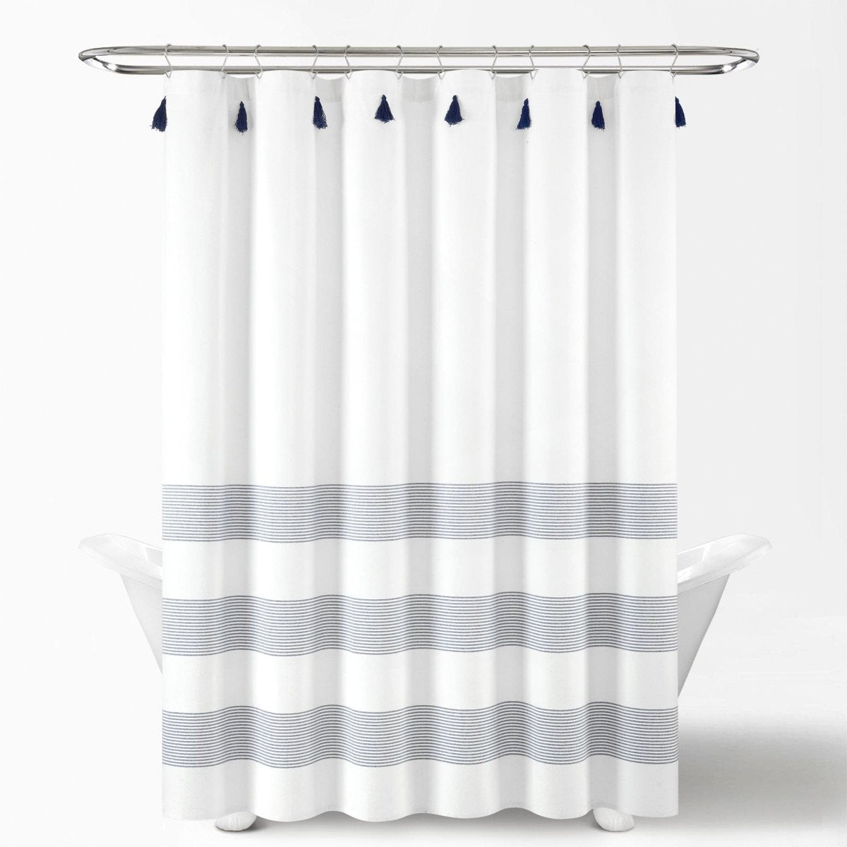 Boho Tassel Stripe Yarn Dyed Recycled Cotton Blend Shower Curtain