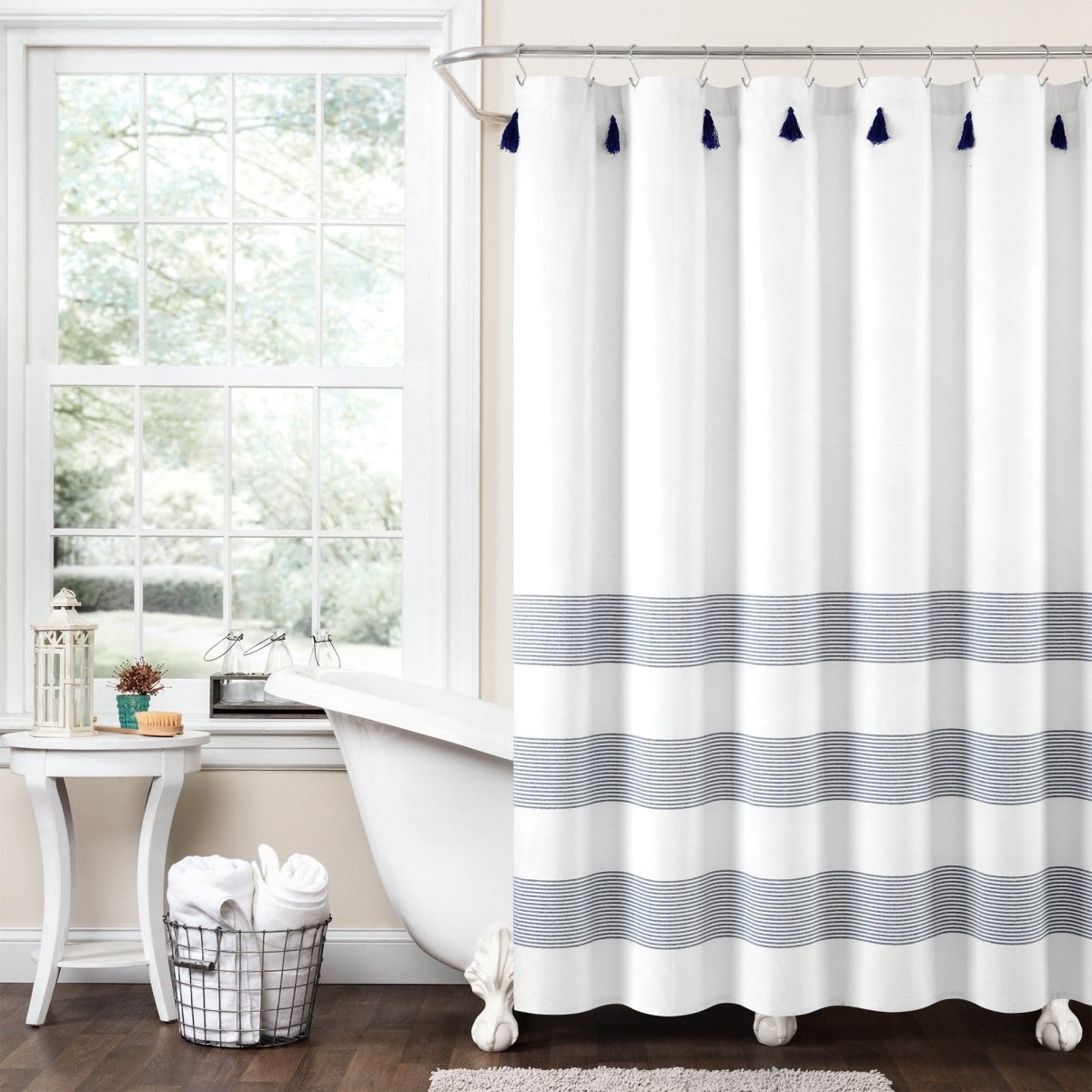 Boho Tassel Stripe Yarn Dyed Recycled Cotton Blend Shower Curtain