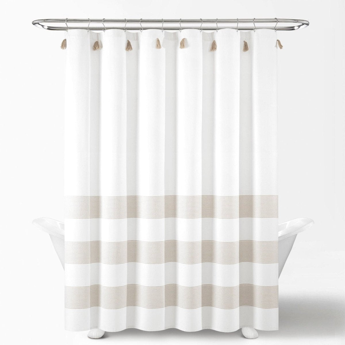 Boho Tassel Stripe Yarn Dyed Recycled Cotton Blend Shower Curtain