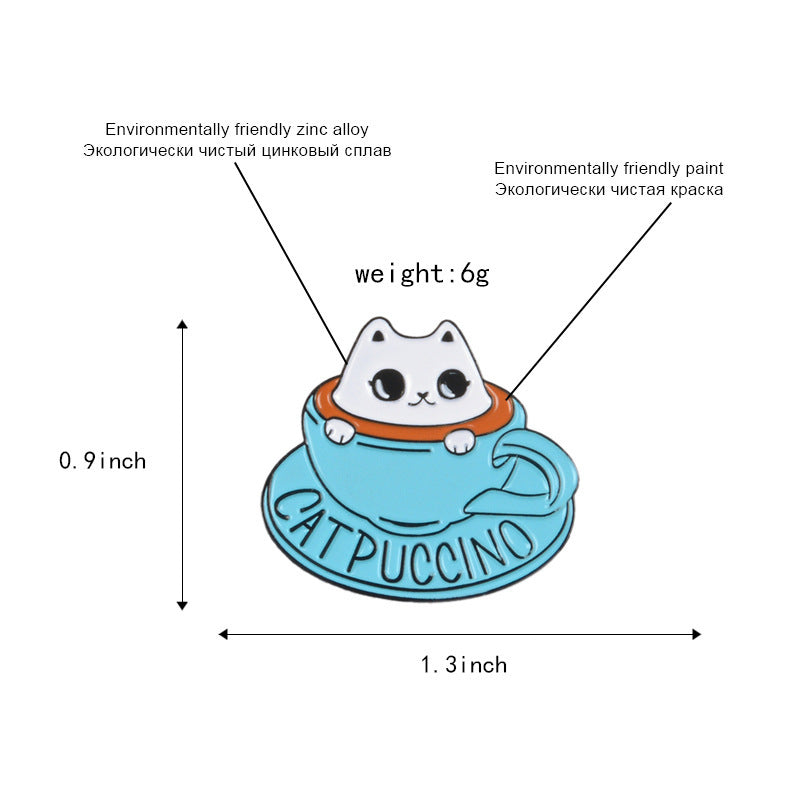 Blue Teacup White Cat Coffee Brooch