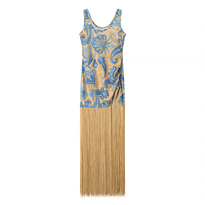 Elegant Sleeveless Printed Tassel Spliced Dress with Style