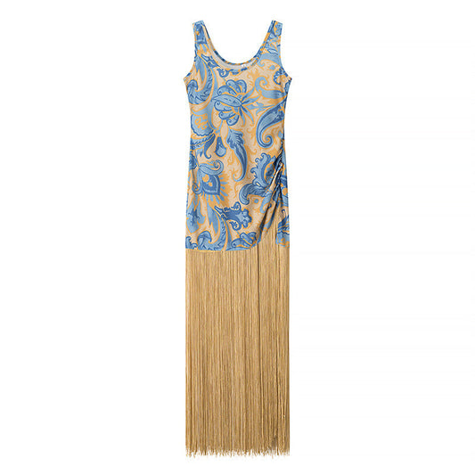 Elegant Sleeveless Printed Tassel Spliced Dress with Style