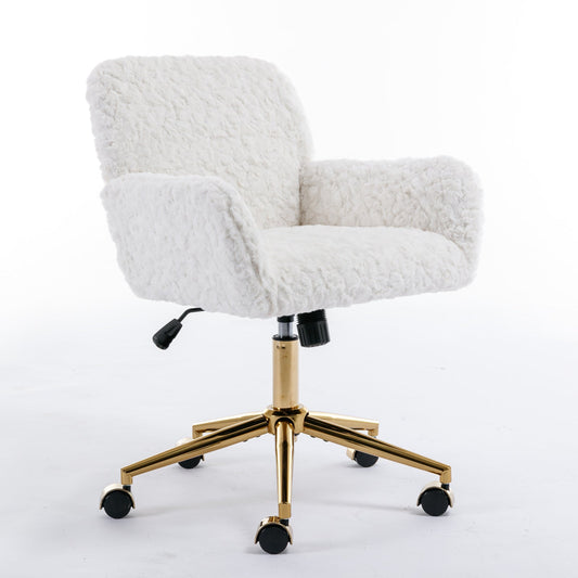 Artificial rabbit hair gold metal base home office chair adjustable chair rotating office chair, dressing chair (beige)