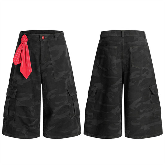 American Retro Camouflage Denim Seven-Quarter Shorts for Men, Loose Wide-Leg Multi-Pocket Design Workwear Five-Quarter Pants Trendy