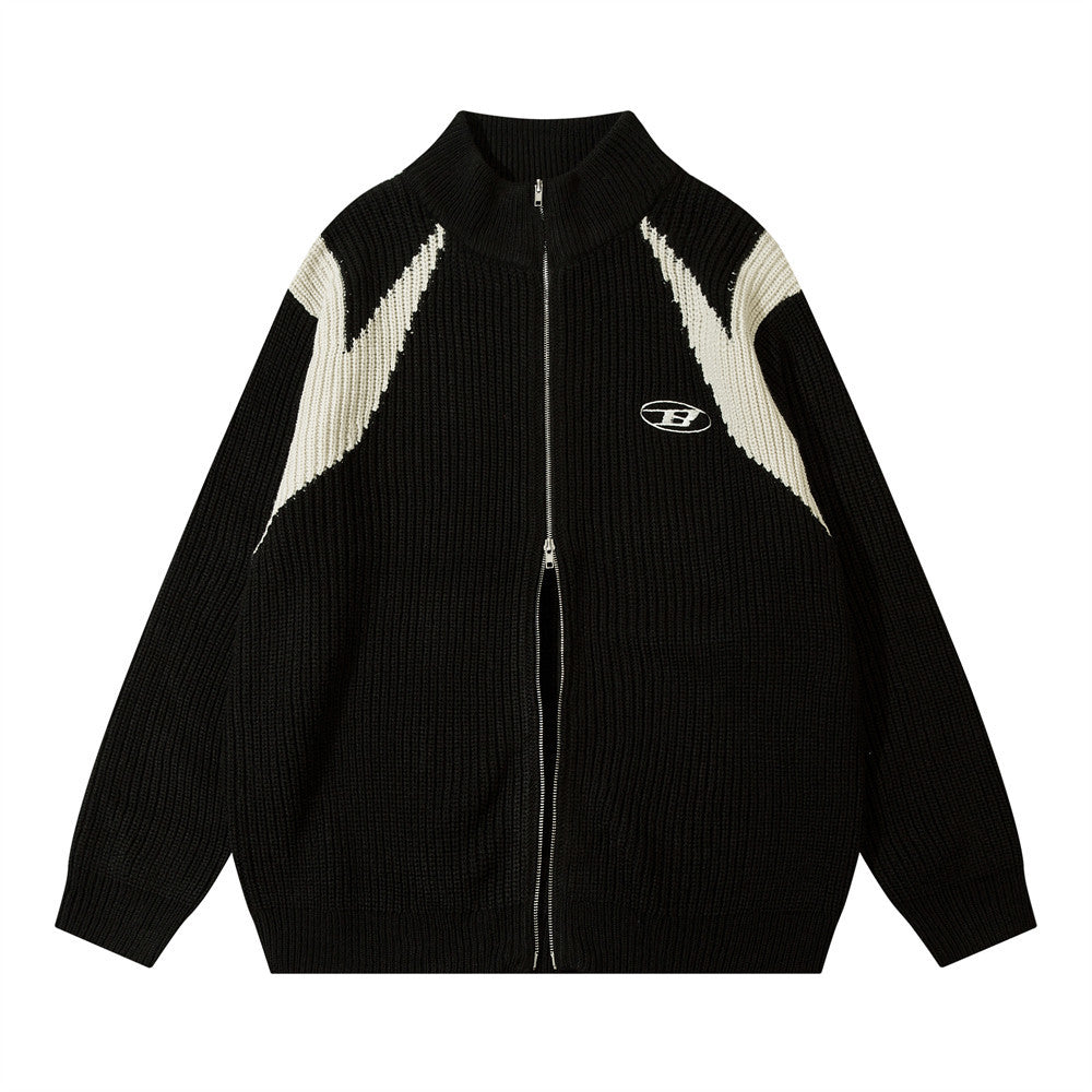 Color Block Zipper Cardigan Sweater Men's Autumn Street Style Stand Collar Long Sleeve Loose Knitwear