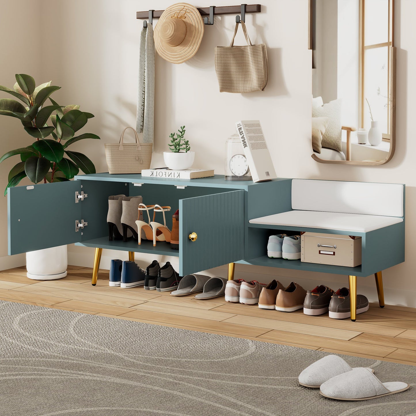 Modern Shoe Storage Bench with Hidden Storage and Upholstered Cushions for Bedside, Living Room and Entryway (Tiffany Blue)