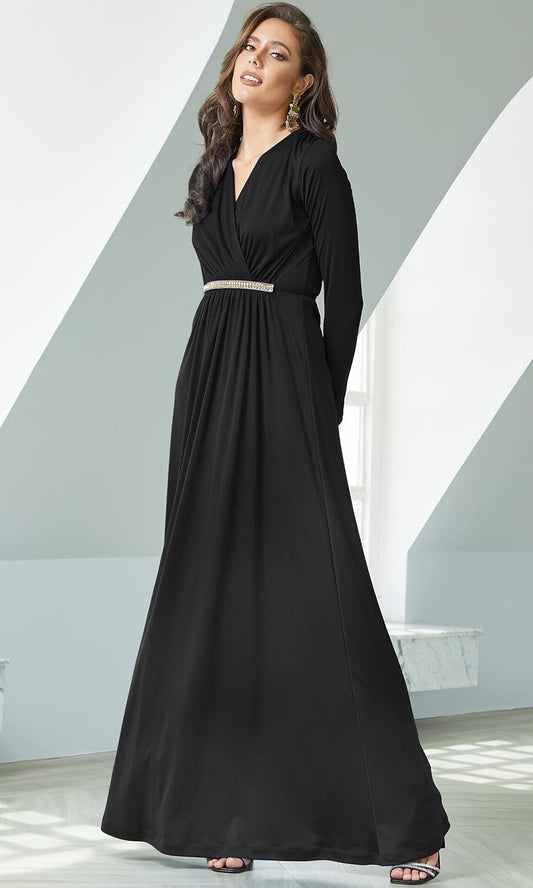 Elegant Long Sleeve Pleated Maxi Dress – Adjustable Fit, Maternity Friendly