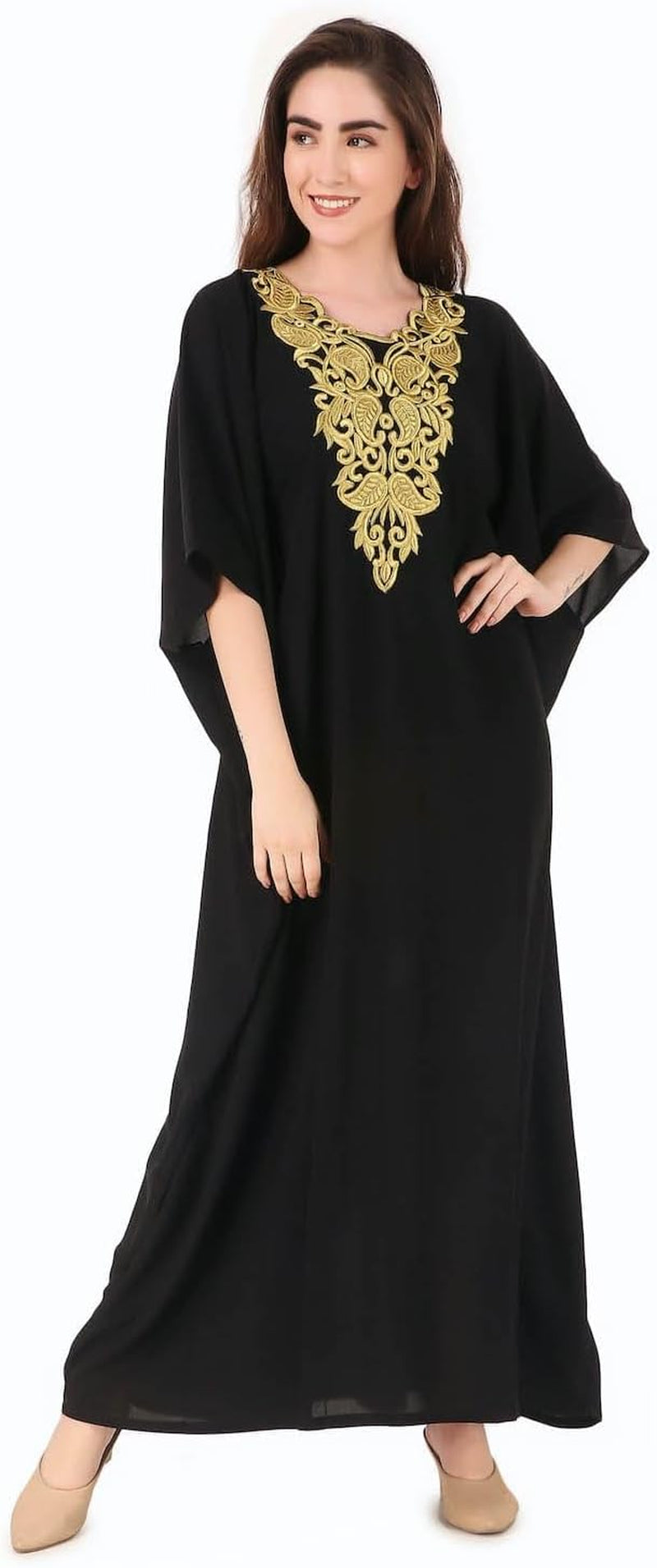 Elegant Gold Embroidered Kaftan with Cutwork Neckline