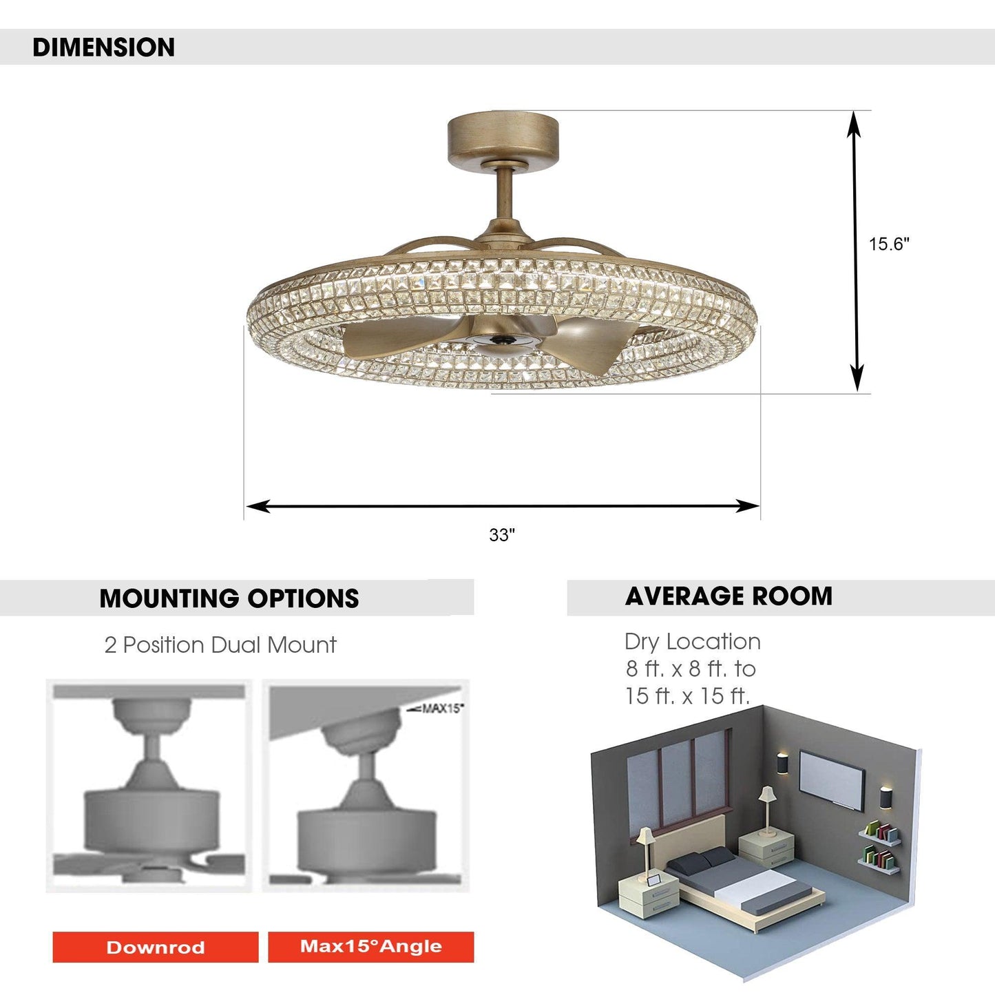 33" Modern DC Motor Crystal Ceiling Fan with Lighting and Remote Control