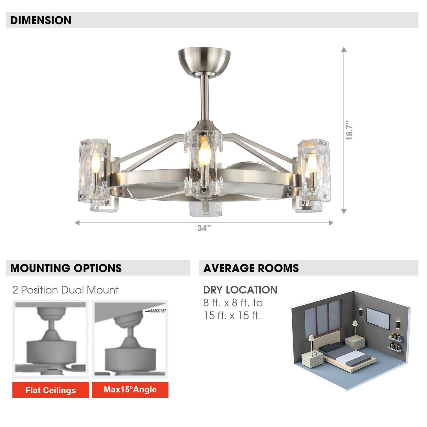 34" Bucholz Modern DC Motor Brushed Nickel Downrod Mount Reversible Ceiling Fan with LED Lighting and Remote Control