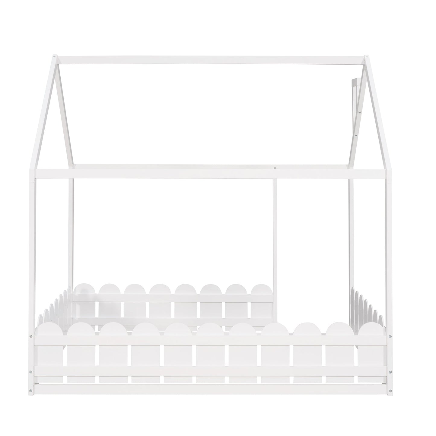 (Slats are not included) Full Size Wood Bed House Bed Frame with Fence for Kids Teens Girls Boys (White )