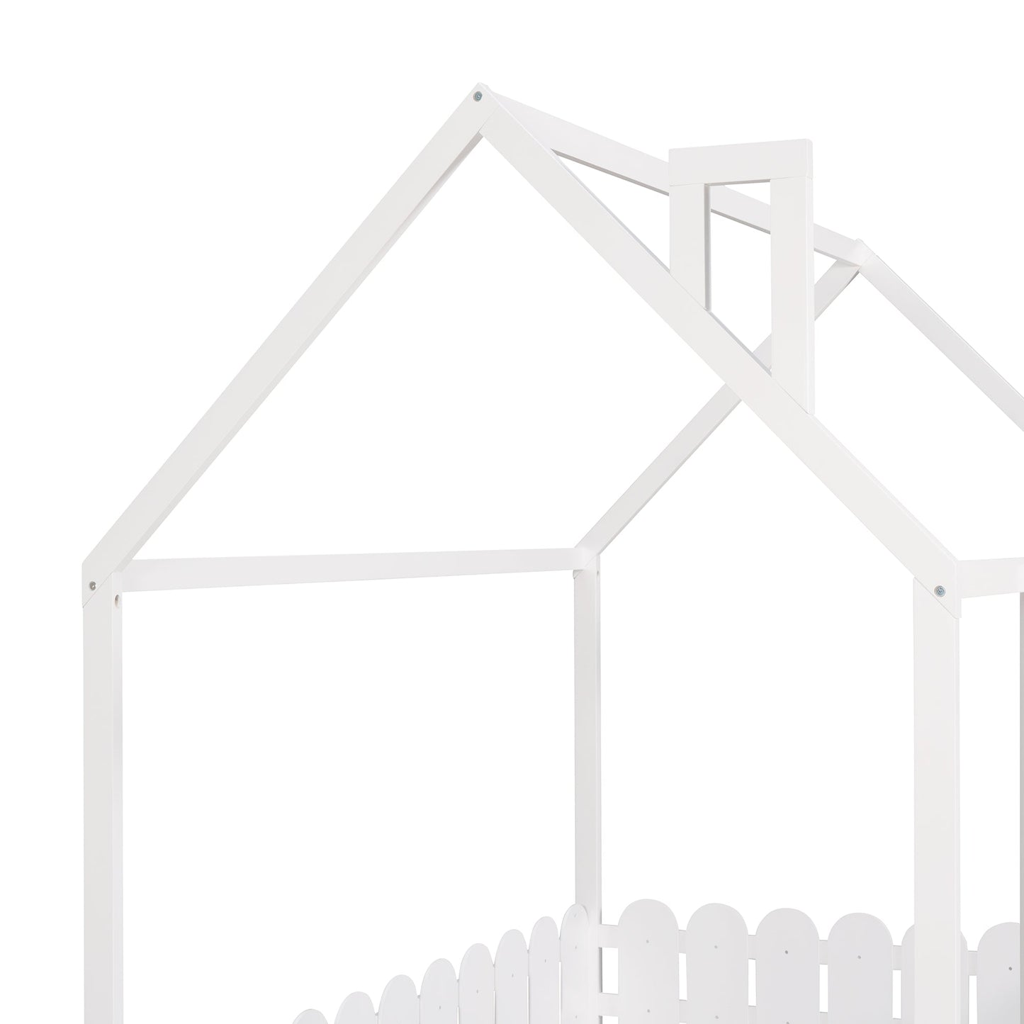 (Slats are not included) Full Size Wood Bed House Bed Frame with Fence for Kids Teens Girls Boys (White )