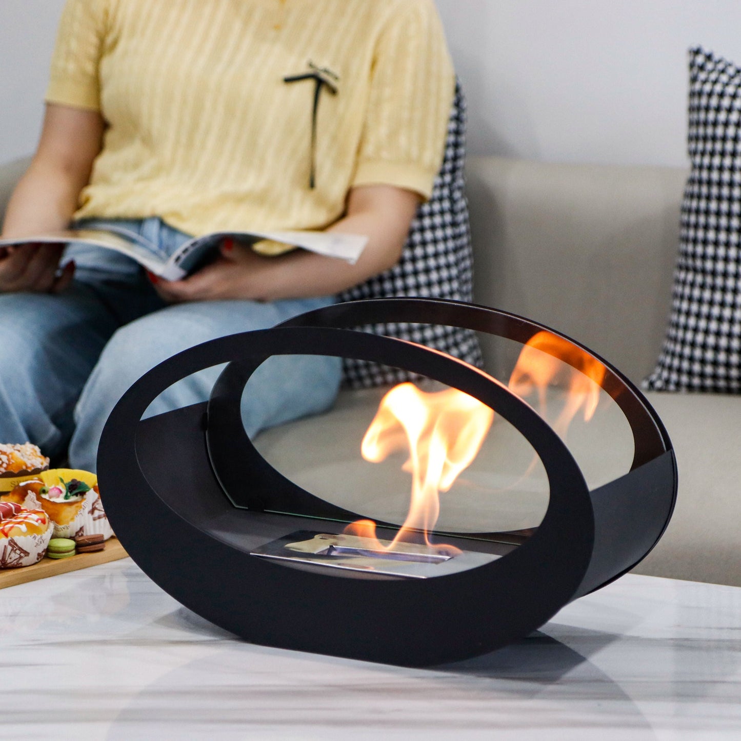 Alcohol fireplace real fire cruise ship oval glass tabletop fireplace metal storm heating wall