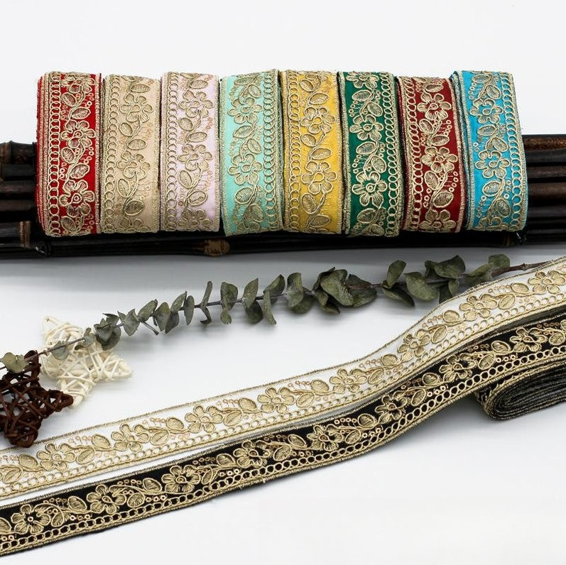 Ethnic Chiffon Collar Trim - Gold Embroidery, 10 Colors