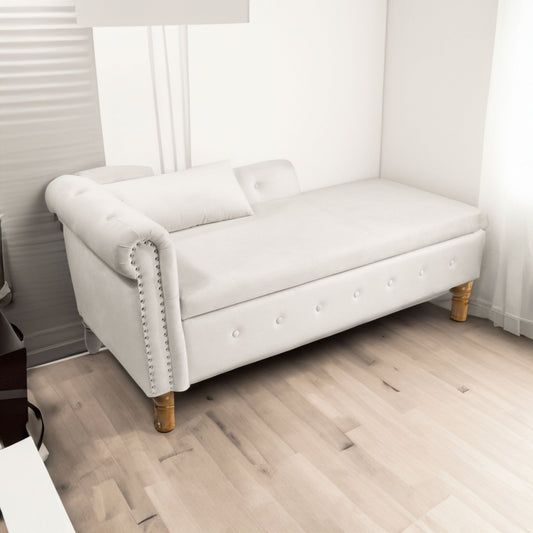 Beige Chaise Lounge Indoor Velvet Lounge Chair for Bedroom with Storage & Pillow Modern Upholstered Rolled Arm Chase Lounge