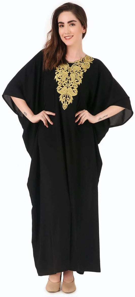 Elegant Gold Embroidered Kaftan with Cutwork Neckline