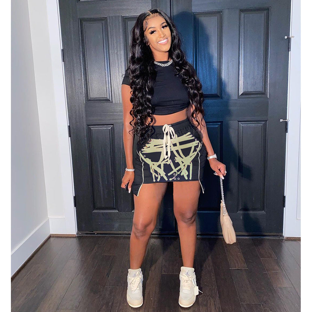 Drawstring Midriff Outfit Short Sleeves Skirt